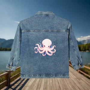 Flat view of a denim jacket with a pink octopus character printed on the back.