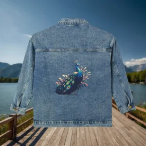 Flat view of a denim jacket with a regal peacock design in full display on the back.