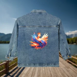 Flat view of a denim jacket with a fiery phoenix illustration spreading its wings on the back.