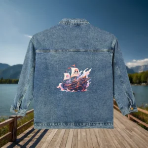 Flat view of a denim jacket with a colorful pirate ship illustration sailing through waves.