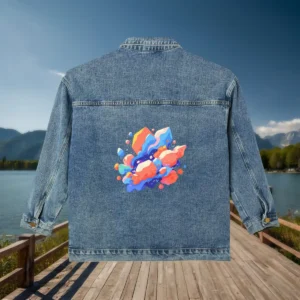 Flat view of a denim jacket with abstract, colorful polygonal rocks or crystals printed on the back.