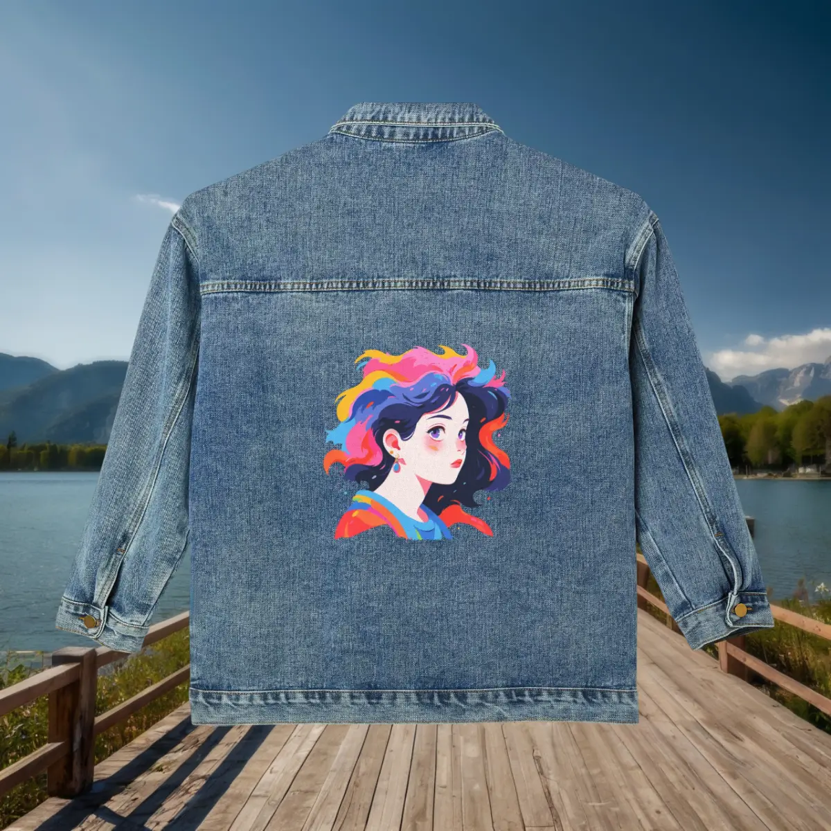 Women’s Denim Jacket – Pop Art Comic Character Print Denim jacket with artistic comic strip-style female portrait printed on the back