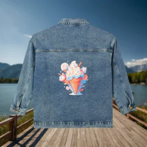 Flat view of a denim jacket with a pop art style ice cream cone graphic on the back.
