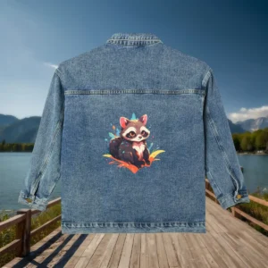 Flat view of a denim jacket with a colorful raccoon cartoon design printed on the back.