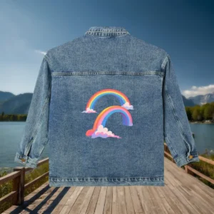 Flat view of a denim jacket with a playful rainbow and cloud design printed on the back.