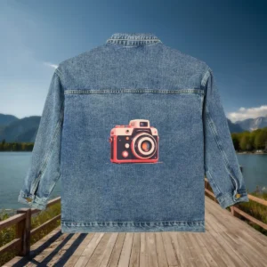 Flat view of denim jacket with a retro camera illustration on the back in a minimalist style.