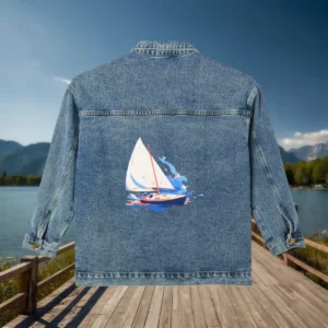 Flat view of denim jacket with a sailboat design on the back.