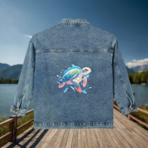 Flat view of a denim jacket with a sea turtle swimming illustration on the back.