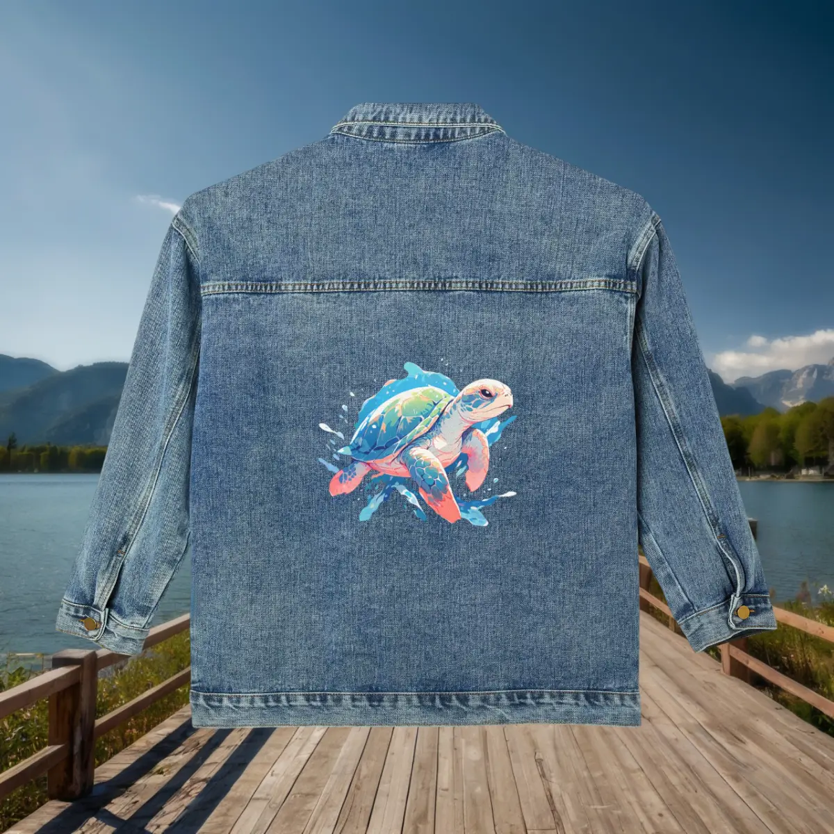 Flat Back View – Denim Jacket with Colorful Ocean Turtle Graphic Flat view of a denim jacket with a sea turtle swimming illustration on the back.