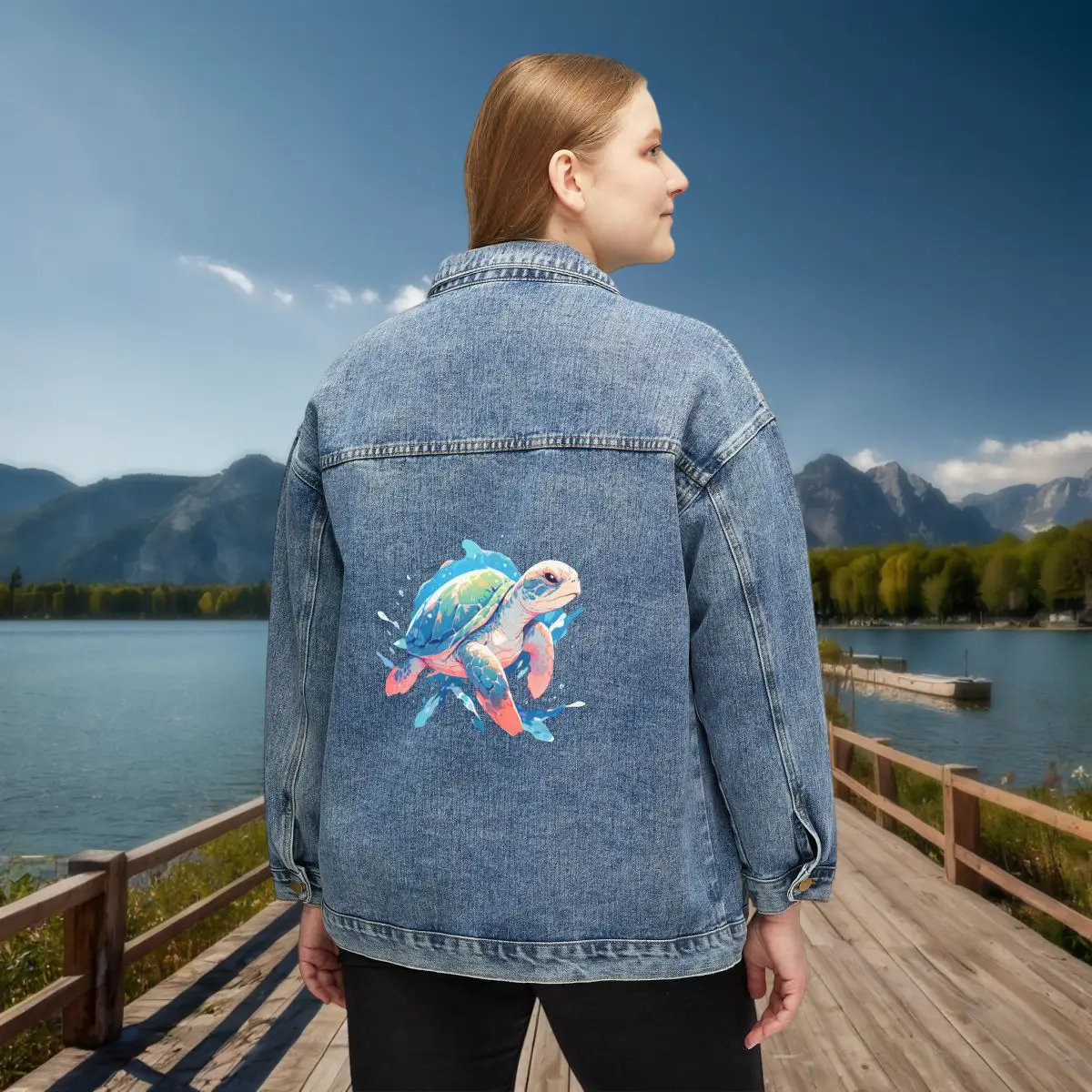 Back View – Women’s Denim Jacket with Vibrant Sea Turtle Design Woman wearing a denim jacket with a colorful sea turtle design on the back.