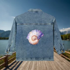 Flat view of a denim jacket with a vibrant seashell illustration on the back.
