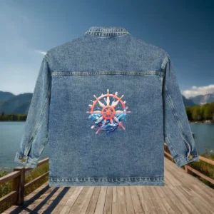 Flat view of a denim jacket with a ship wheel and ocean waves illustration.