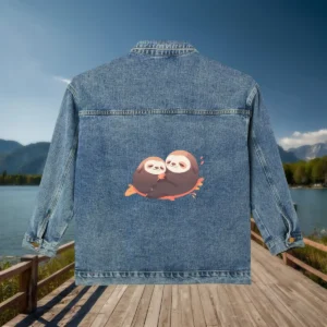 Flat view of a denim jacket with two cartoon-style cuddling sloths printed on the back.