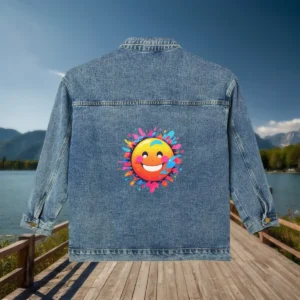 Back of blue denim jacket with vibrant smiling emoji splash graphic