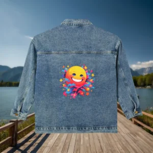 Flat view of a denim jacket with a bright smiley face surrounded by colorful elements on the back.