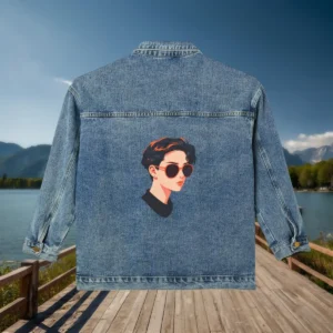 Flat view of a denim jacket featuring an illustration of a woman with short hair and sunglasses.