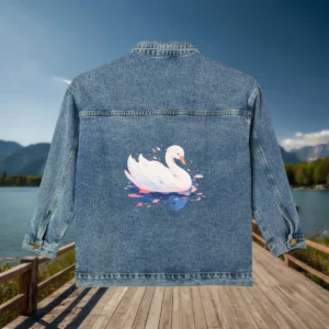 Back view of a denim jacket with a swan print, displayed flat against a lakeside background.