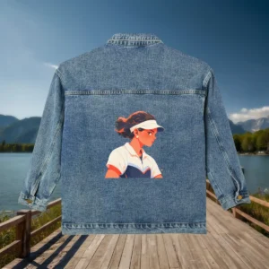 Back view of a denim jacket displayed flat with a colorful print of a female tennis player in a visor.