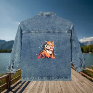 Flat view of a denim jacket with a vivid tiger illustration on the back, displayed outdoors on a wooden dock.