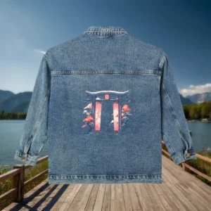 Flat view of a denim jacket with a Japanese Torii gate design printed on the back, displayed against an outdoor lake backdrop.