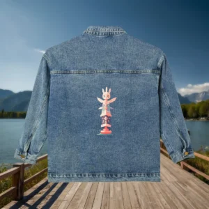 Flat display of a denim jacket with a stylized totem pole illustration on the back, set outdoors against a mountain lake backdrop.