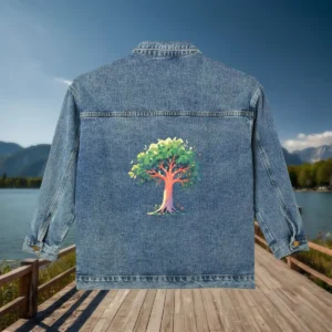 Back view of a denim jacket with a stylized Tree of Life design, laid flat with a lake and mountain backdrop.