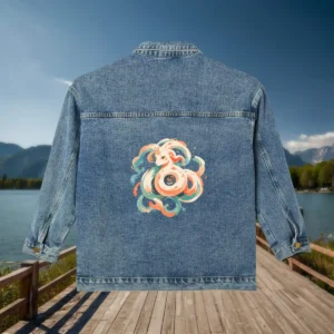 Flat display of a denim jacket with a swirling, colorful triskelion design on the back, photographed by a lake and mountain landscape.