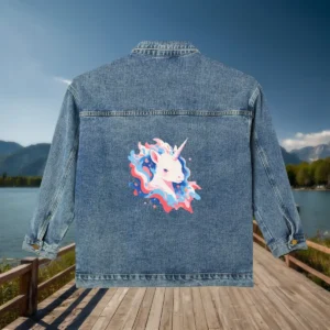 Flat view of a denim jacket featuring a pastel unicorn head design on the back.