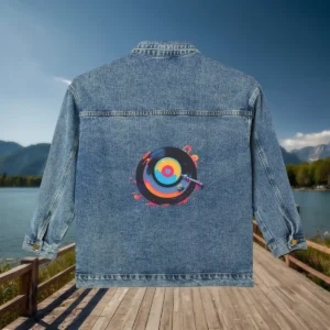 Flat view of a denim jacket with a vivid vinyl record and stylus design on the back, displayed in front of a lake and mountains.