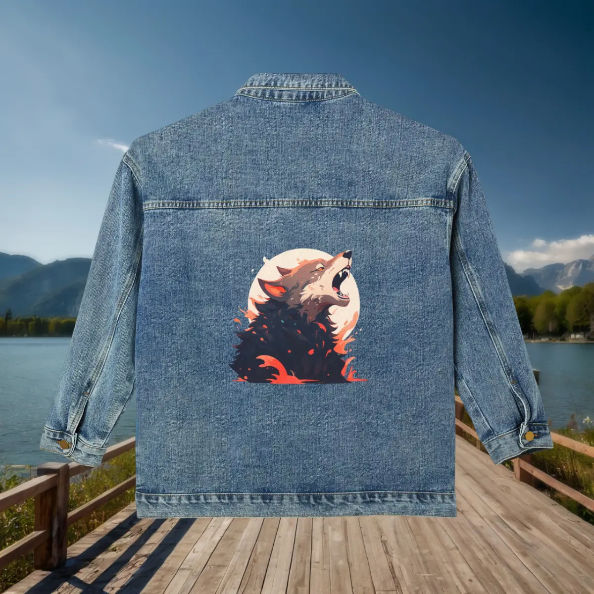 Back View of Women’s Denim Jacket with Wolf Illustration – Flat Display Flat view of a denim jacket with a graphic of a howling wolf in front of a full moon, surrounded by fiery colors.