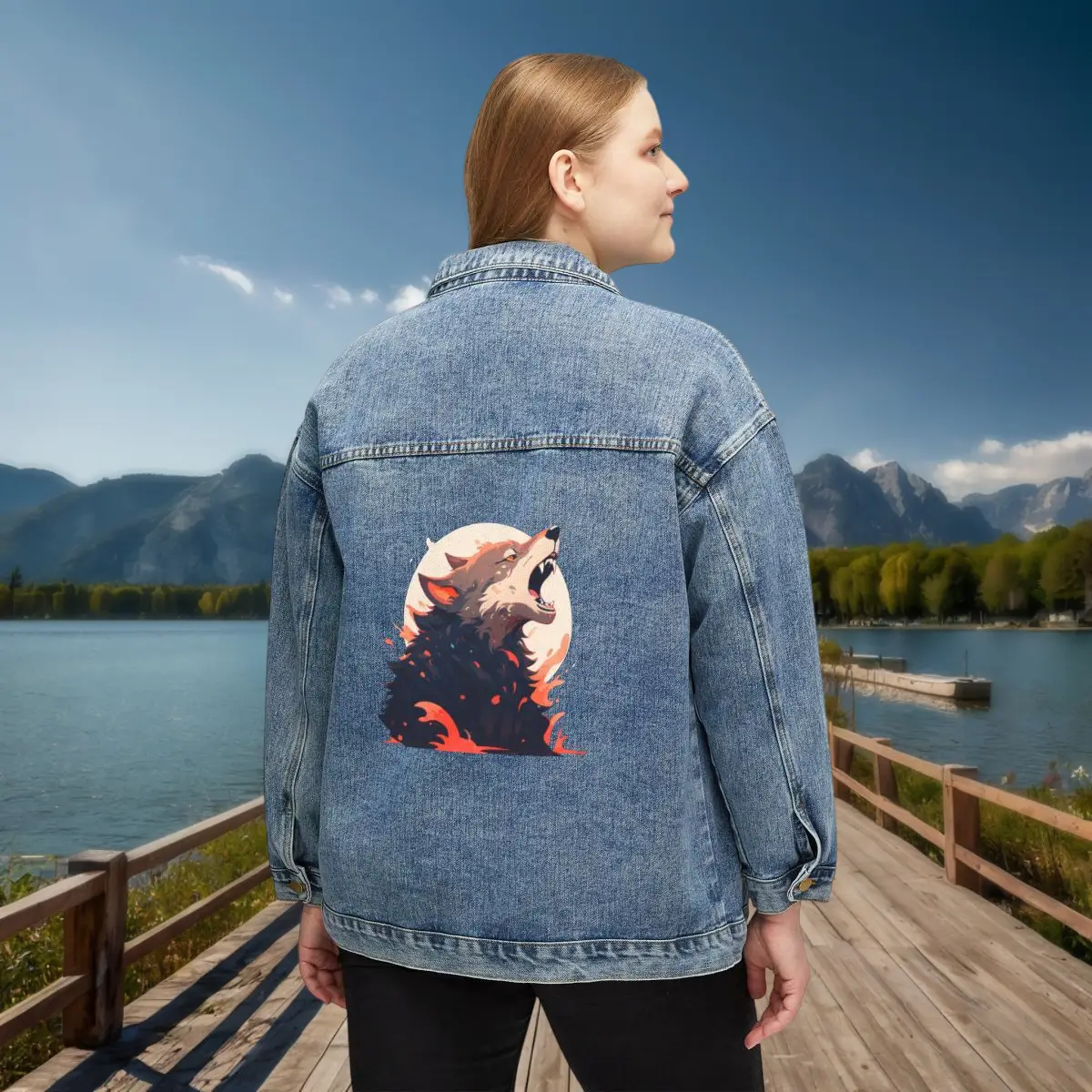 Women’s Denim Jacket with Waterfall Design – Modeled Outdoors Woman wearing a denim jacket with a colorful waterfall graphic on the back, standing on a dock by a lake with mountains in the background.