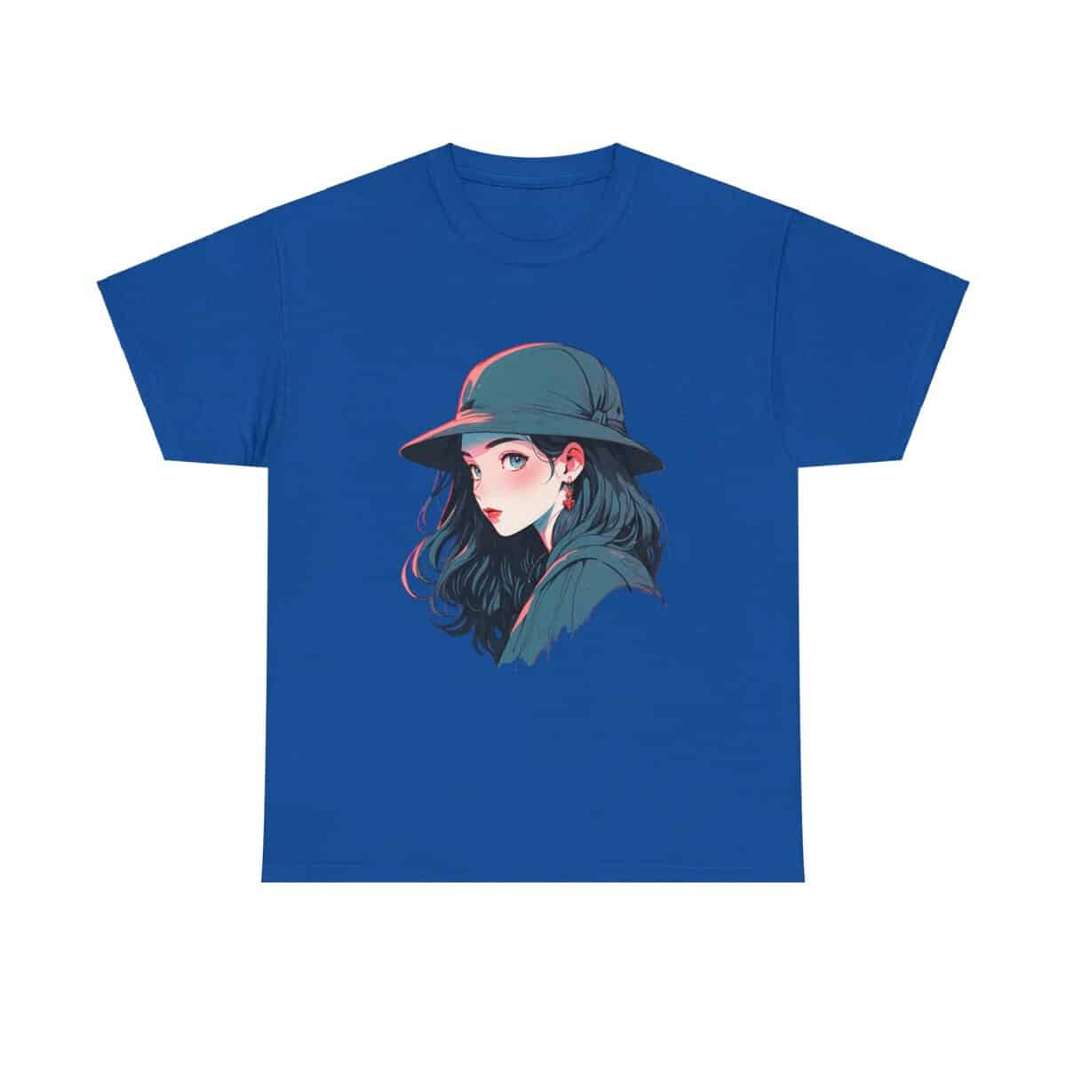 Unisex Tee with design of a young woman wearing a wide-brimmed hat and a mysterious expression