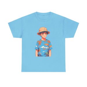 Unisex Tee with design of a young person wearing a straw hat and vacation-themed shirt with beach and ocean patterns