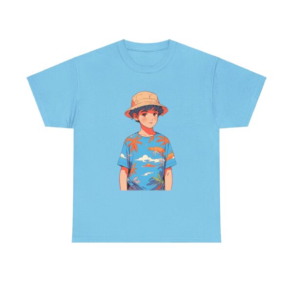 Unisex Tee with design of a young person wearing a straw hat and vacation-themed shirt with beach and ocean patterns