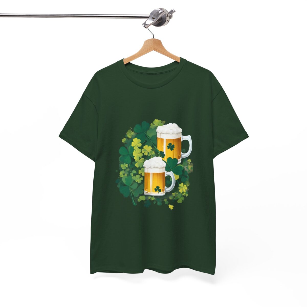 Green Paddy’s Day t-shirt with beer mugs and shamrocks displayed on a hanger.