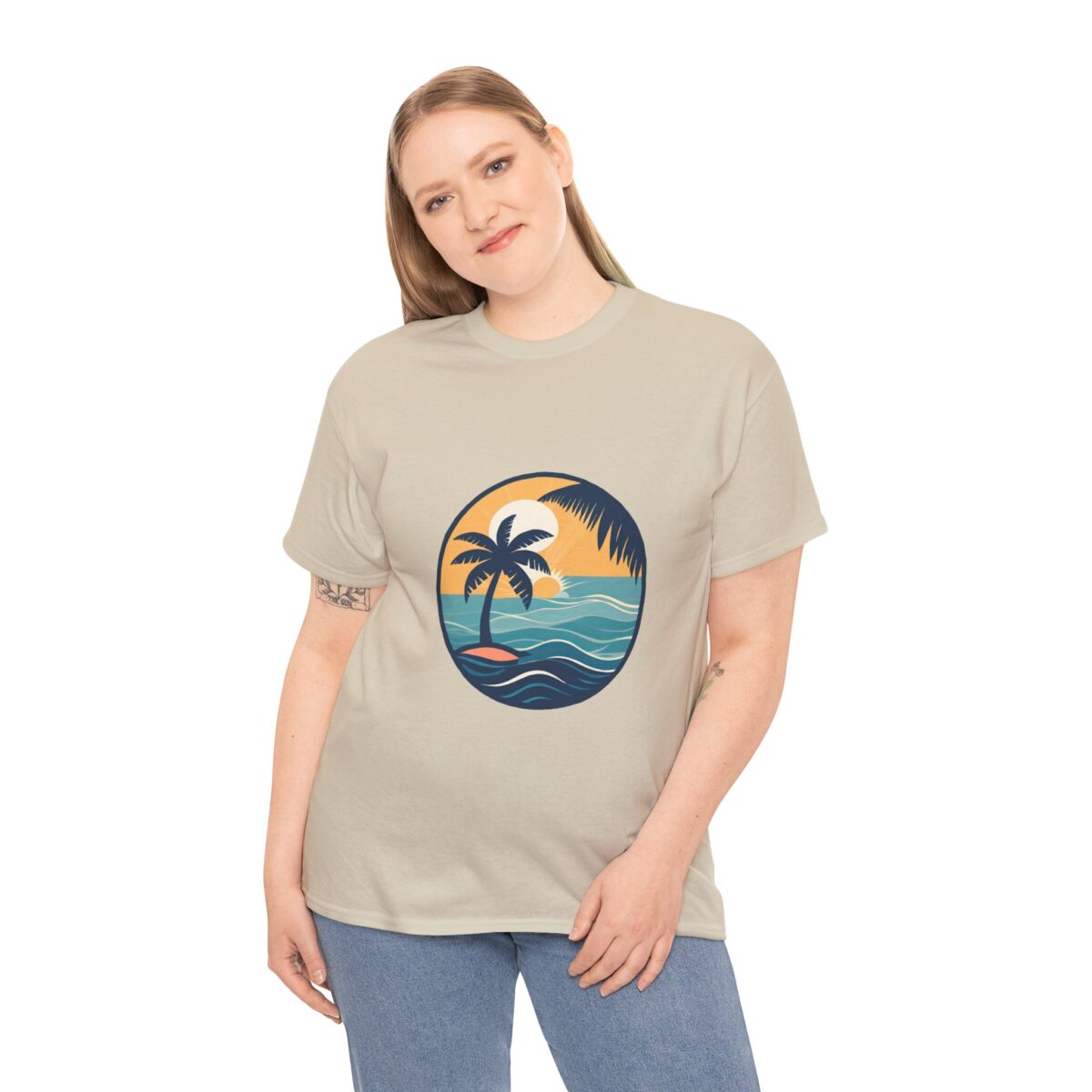 Woman wearing a Beach T Shirt featuring a tropical sunset design with palm trees and ocean waves