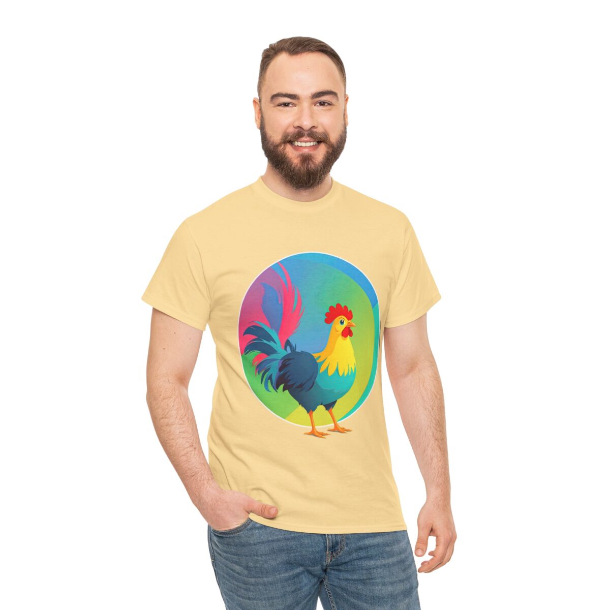 Man wearing a Chicken T Shirt​ with a bold rooster graphic.