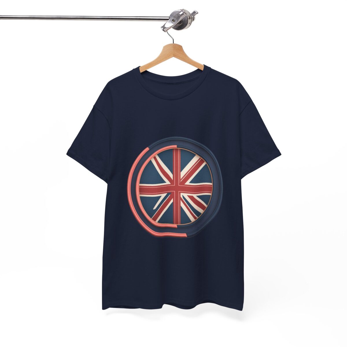 Medium T Shirt UK displayed on a hanger with a bold Union Jack-inspired design