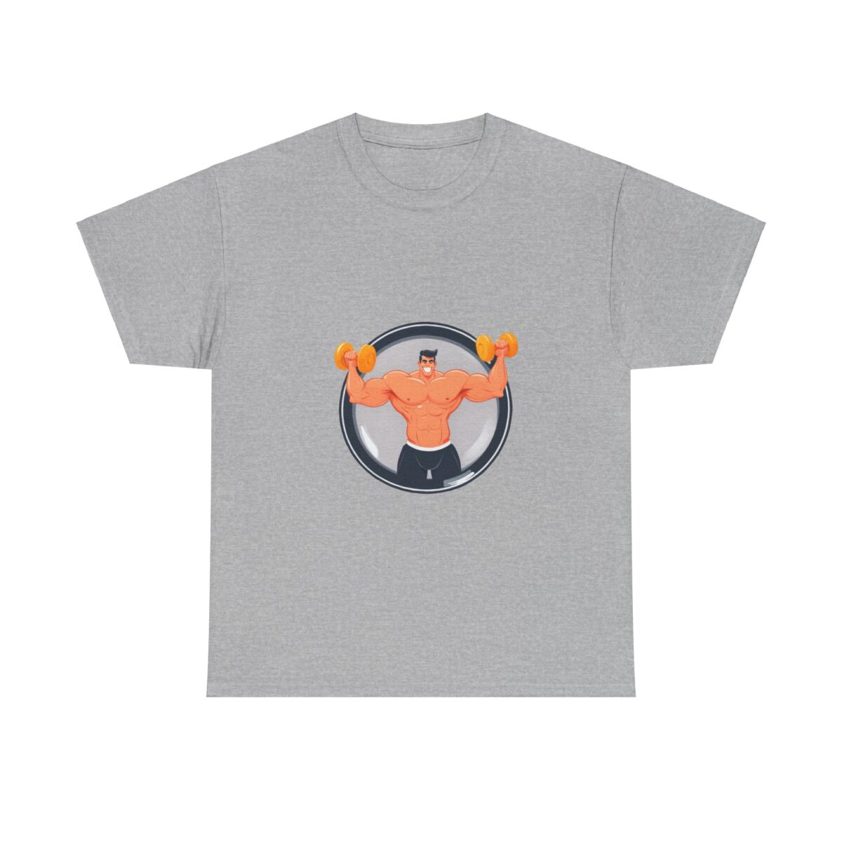 Gray funny T-shirt for men with a muscular character lifting dumbbells.