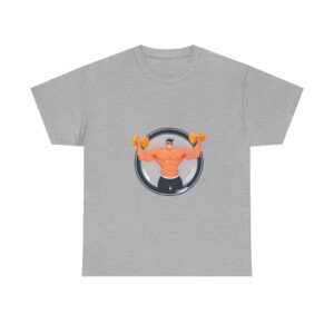 Gray funny T-shirt for men with a muscular character lifting dumbbells.