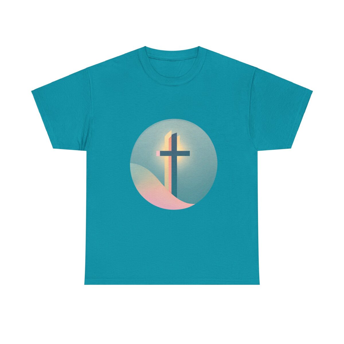 Funny Christian T Shirts with a cross design in a colorful circular background.