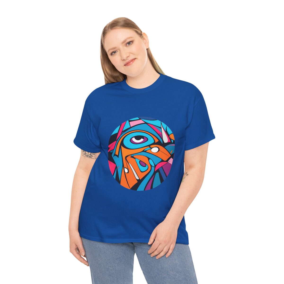 Woman wearing a vibrant graphic Hip Hop T Shirt with colorful urban design