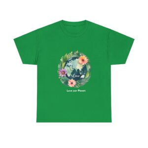 Green T-shirt with Earth Day design featuring a floral Earth and “Love our Planet” text