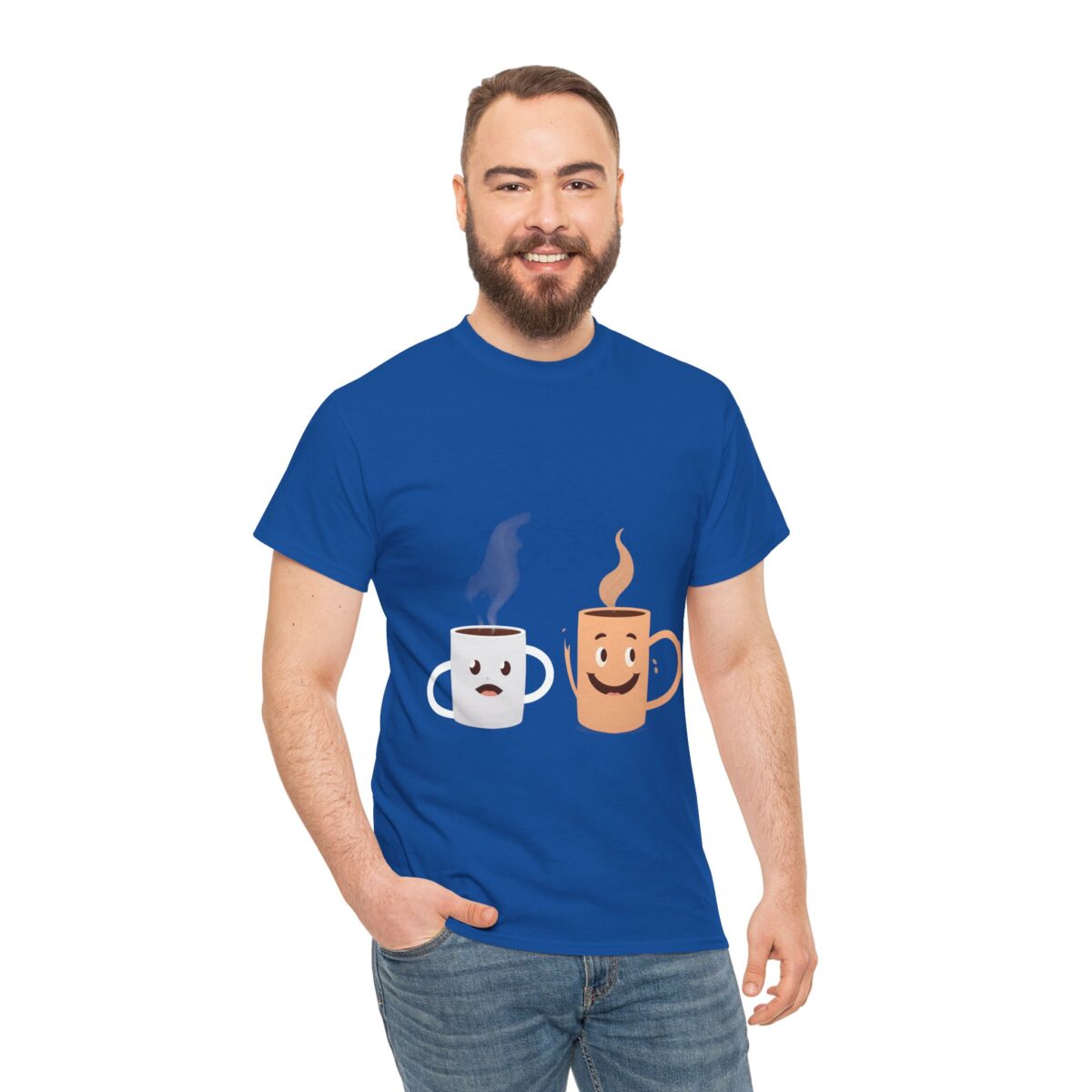 Man wearing Funny Couple T Shirt​ with coffee mug design