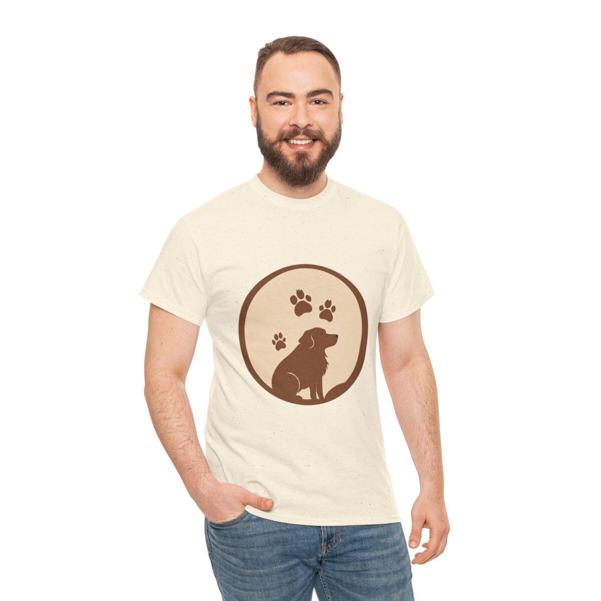 Man wearing a Canine T Shirt with a dog silhouette and paw print design