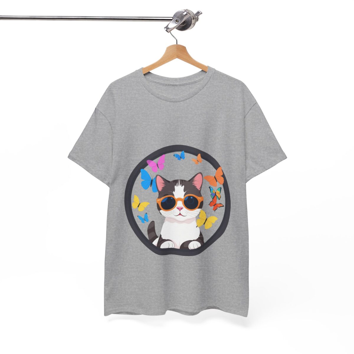 Funny Female T-Shirts on a hanger featuring a cat in sunglasses with butterflies