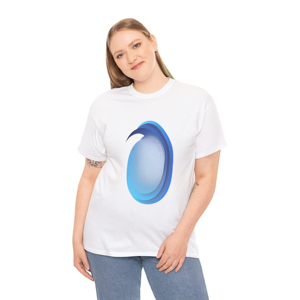 Woman wearing Blue Chinos T Shirt with minimalist blue design