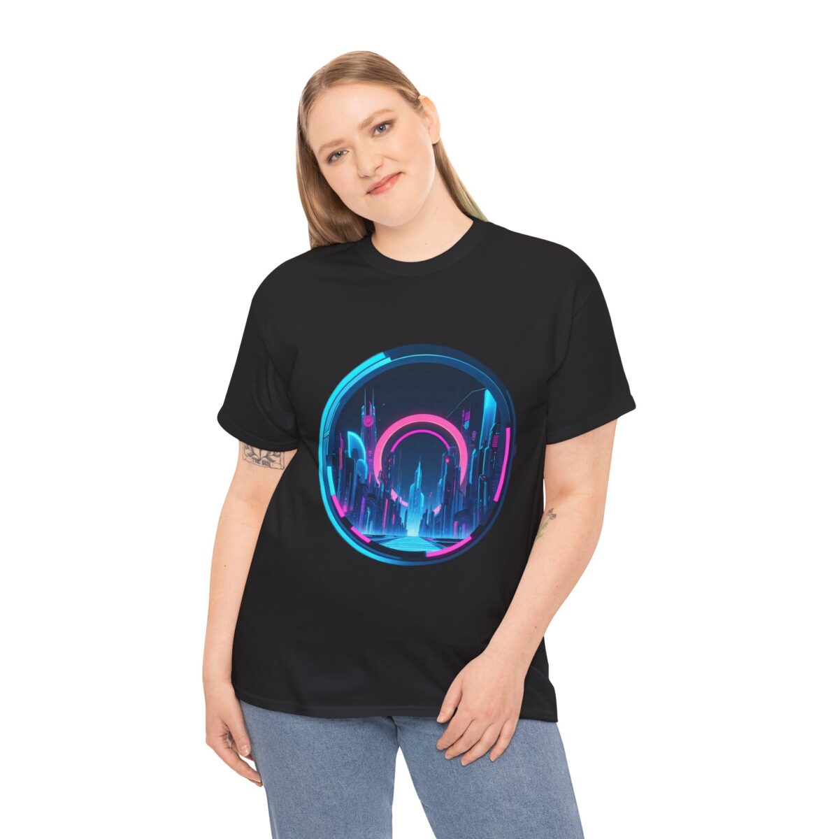 Woman wearing a Cyberpunk T Shirt with neon futuristic city design