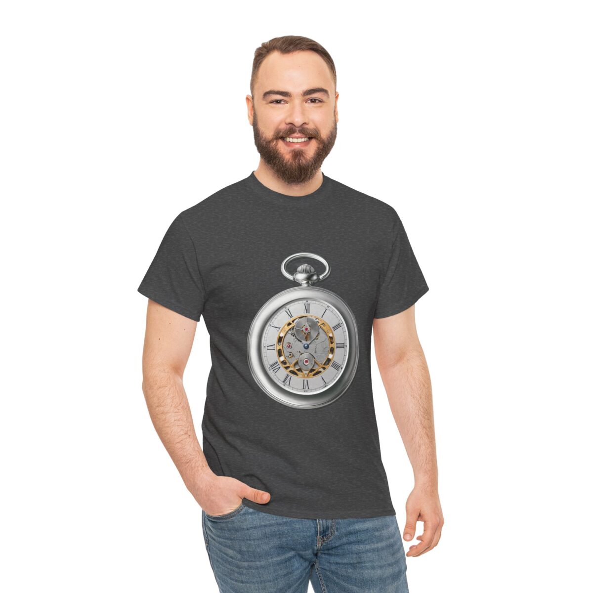 Man wearing a Dark Grey T Shirt with a clock design