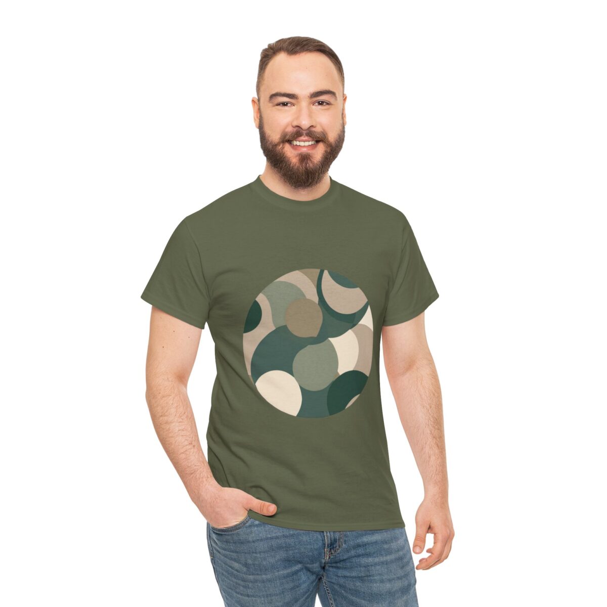 Man wearing a Camouflage T Shirt with a circular pattern